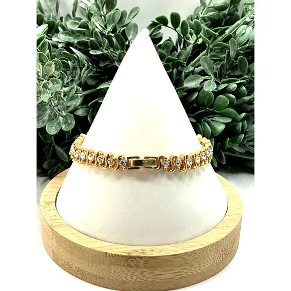 Gold-Tone Tennis Bracelet With Rhinestones and Double-Layered Chain Design - Picture 7 of 7